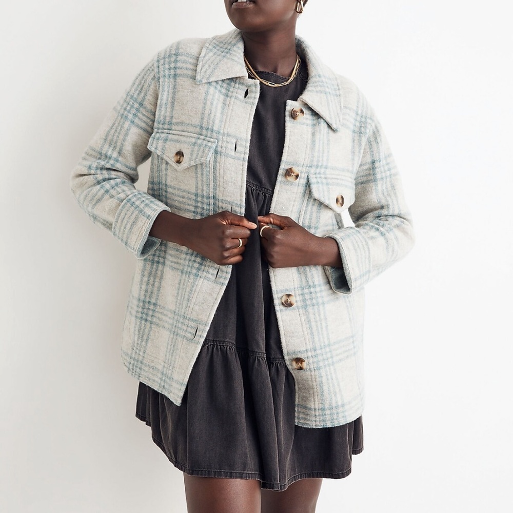 Madewell Cream & Light Blue Plaid Wool Shacket